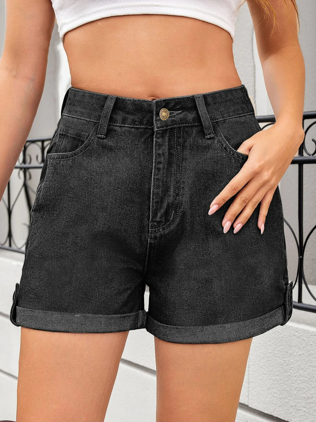 High Waist Rolled Hem Gradient Denim Shorts - cas7m