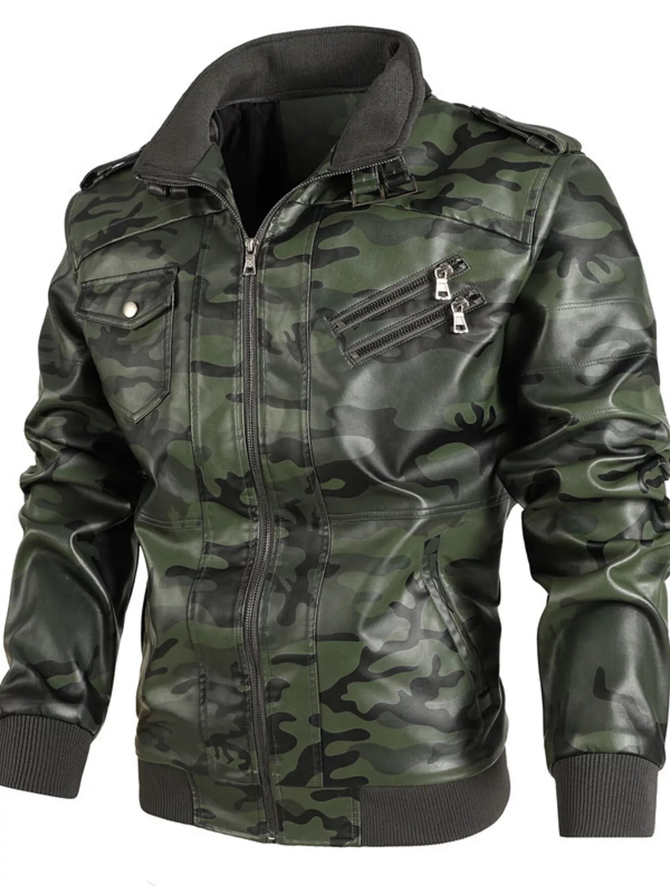 Men's Full Size Zip Up Camouflage Faux Leather Jacket Plus Size - cas7m