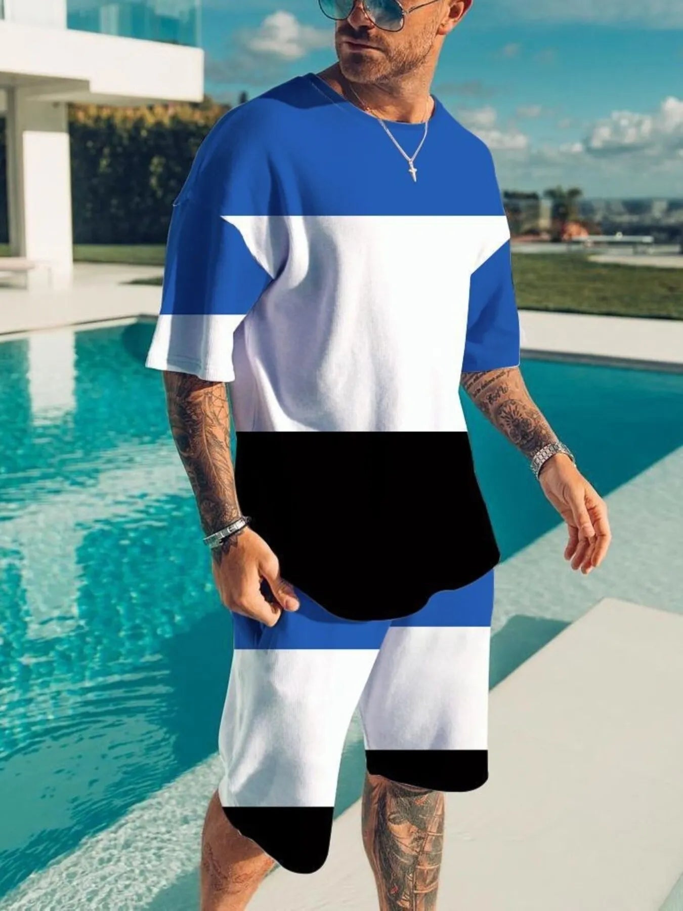 Men's Full Size Color Block Tee and Shorts Set Plus Size - cas7m