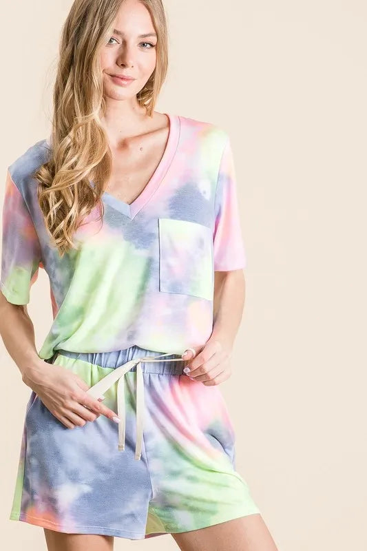 BiBi Tie Dye Casual Shorts with Twill Tape Drawstring - cas7m