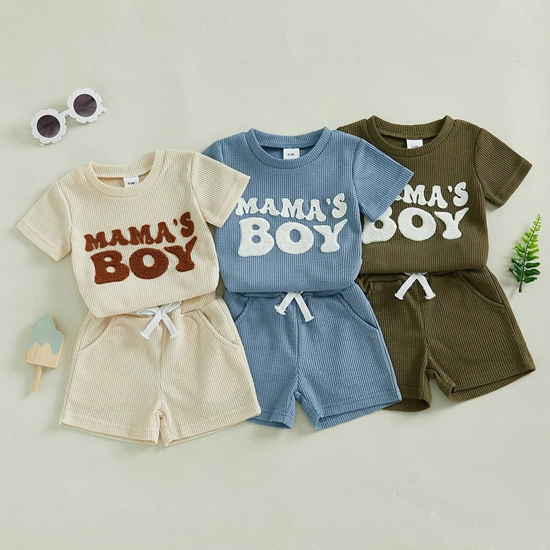 Waffle Towel Embroidery Short Sleeve Shorts Suit - cas7m