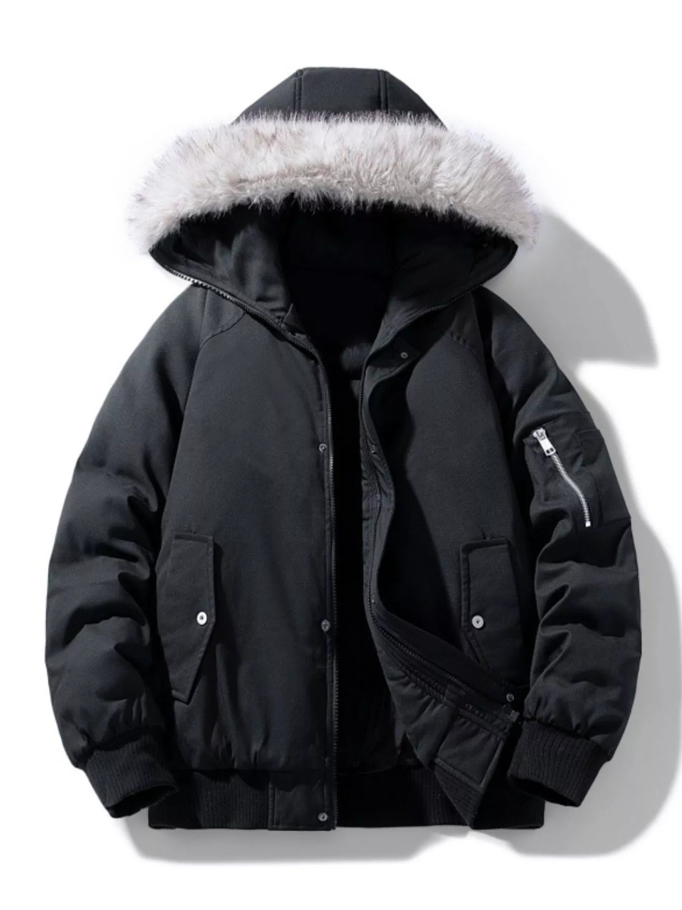 Men's Plus Size Faux Fur Hooded Padded Bomber Jacket - cas7m