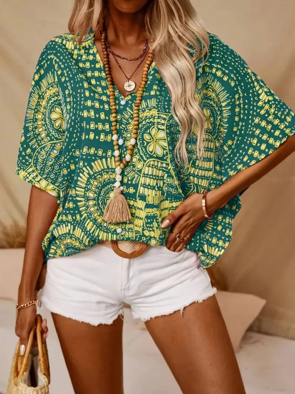 Printed V-Neck Half Sleeve Top - cas7m
