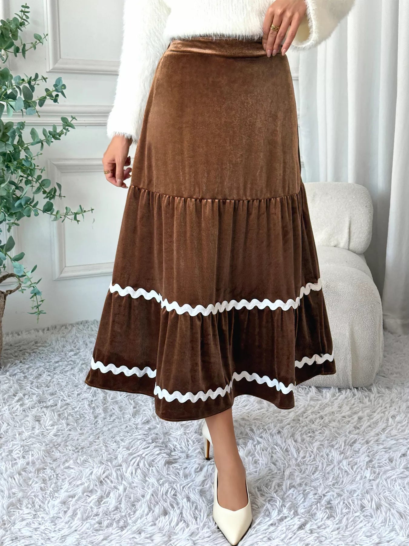 Velvet Tiered Midi Skirt - cas7m