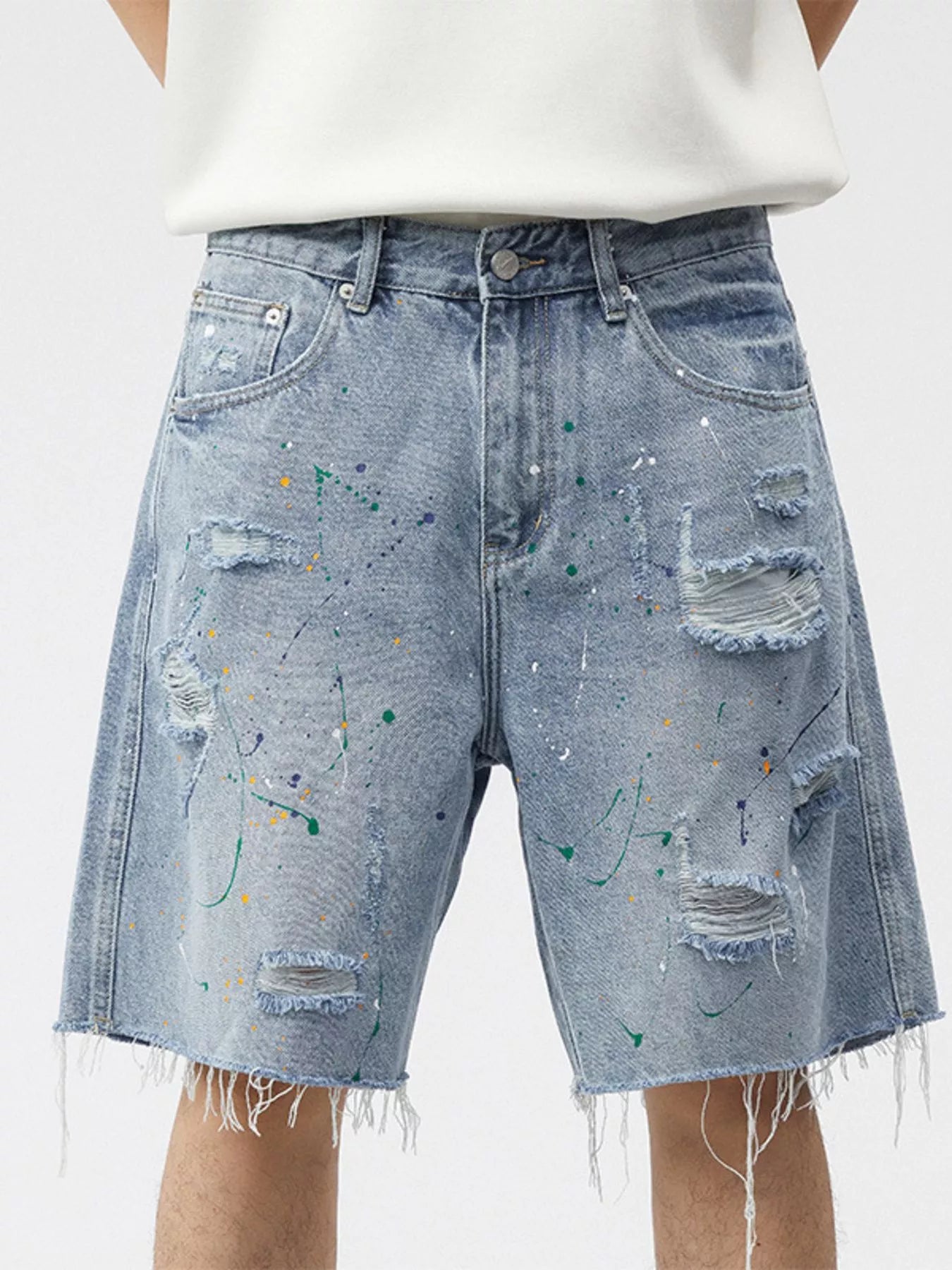 Men's Distressed Paint Splatter Denim Shorts - cas7m