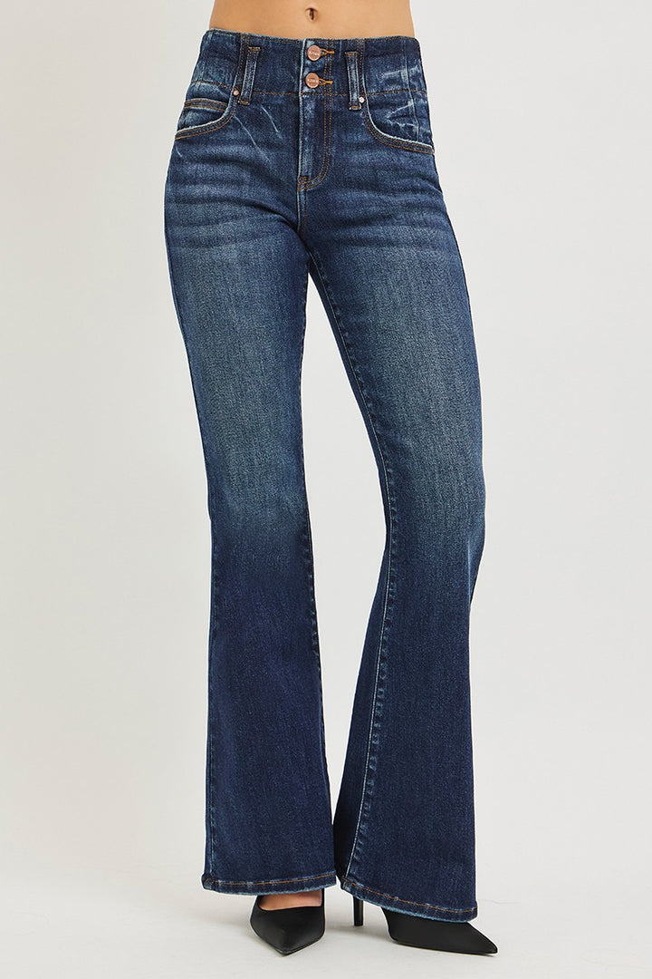 RISEN High Rise Flare Jeans With Seam Detail Waistband - cas7m