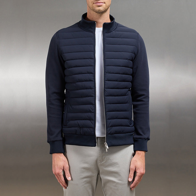 Lightweight Stand Collar Coat For Men Fashion Stitching Knitted Jacket Winter Outwear - cas7m