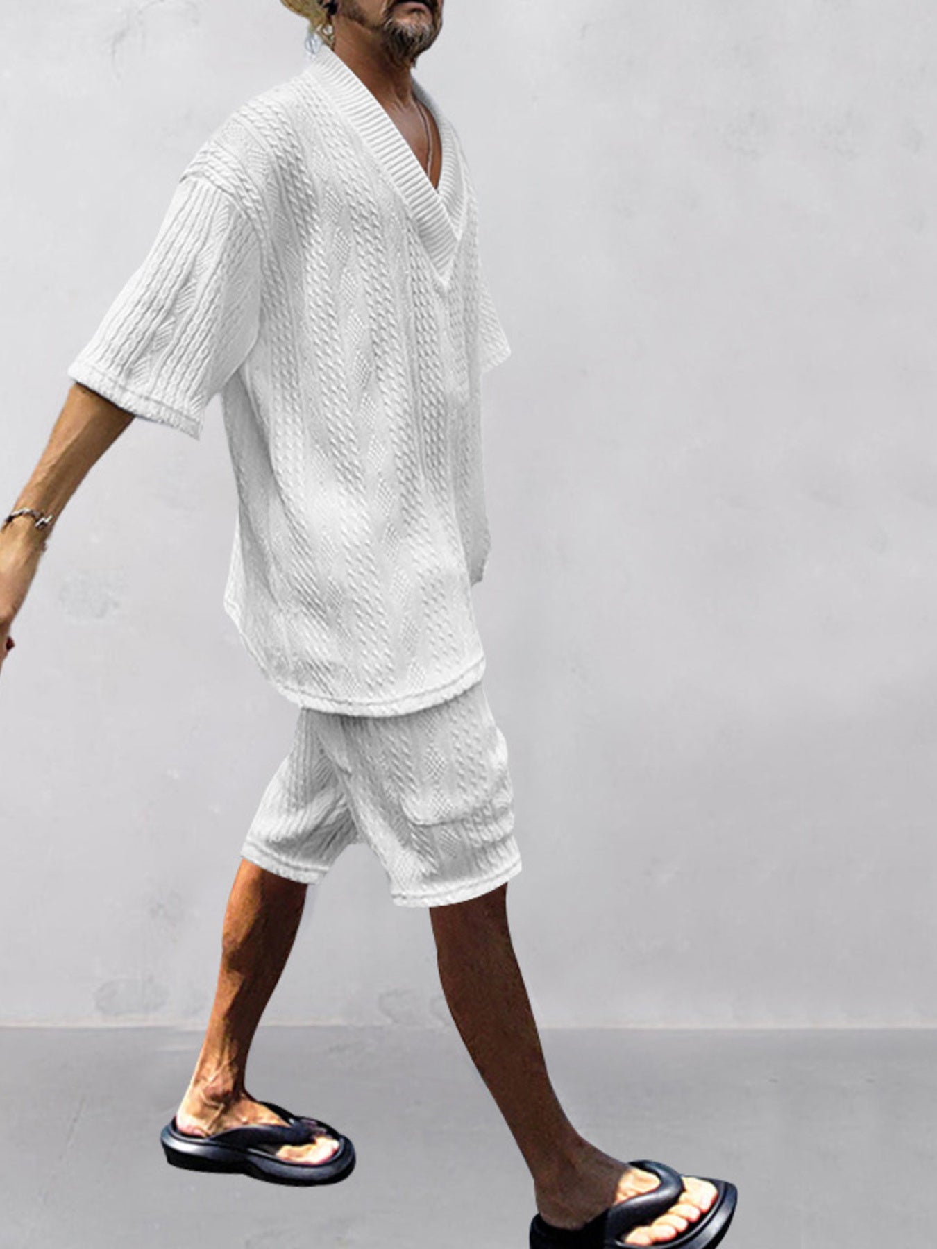 Men's Full Size Casual Knit V-Neck Short Sleeve Top and Shorts Set Plus Size - cas7m