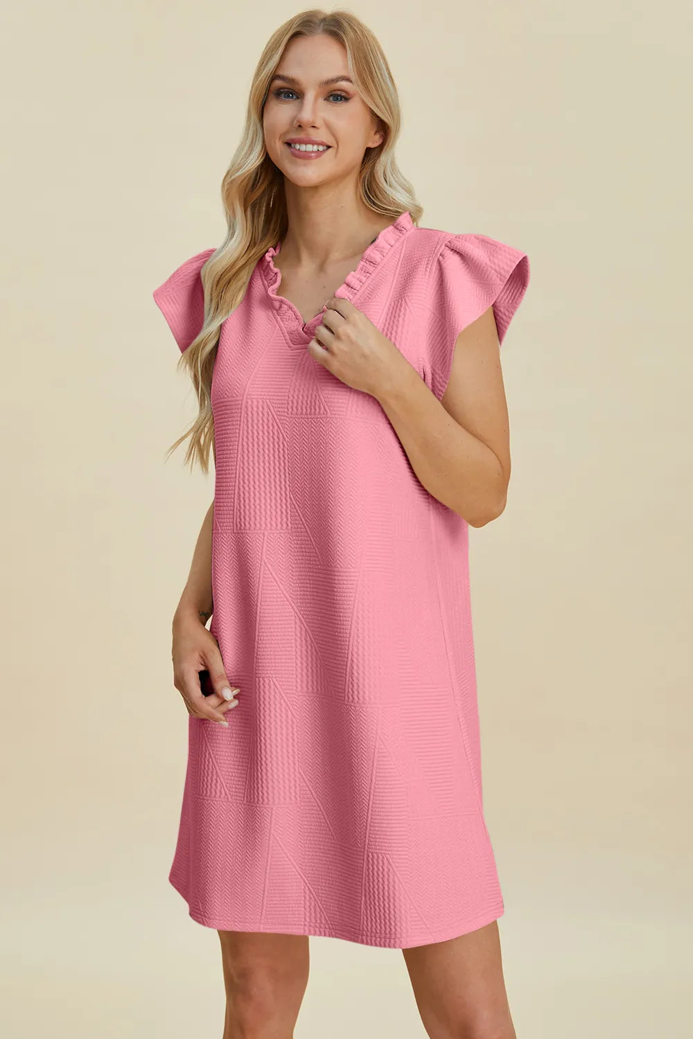 Double Take Full Size Ruffled V-Neck Cap Sleeve Dress - cas7m