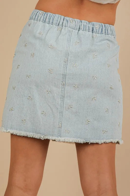 VERY J Bow Printed Casual Denim Mini Skirt - cas7m