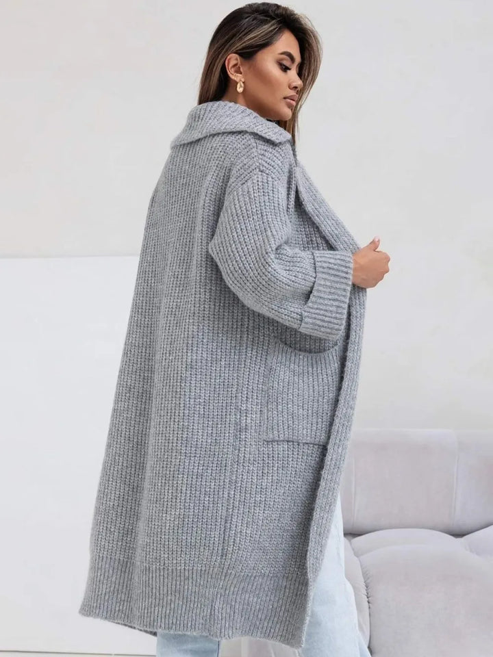 Pocketed Collared Neck Dropped Shoulder Cardigan - cas7m