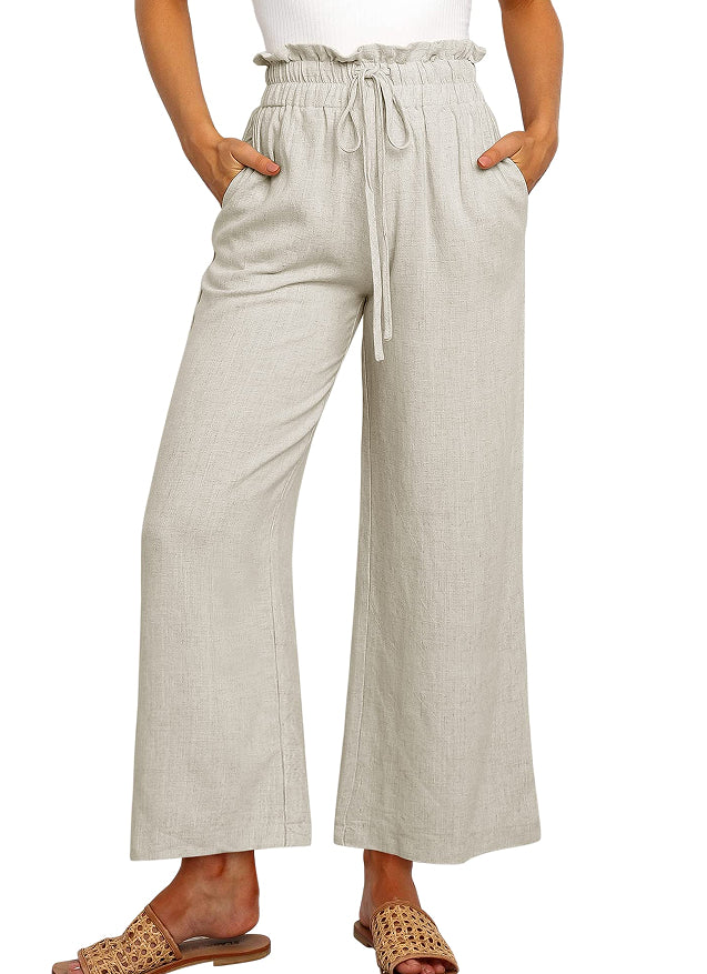 Elastic Waistband Lace-up Wide Leg Pants Solid Color Cropped Pants - cas7m