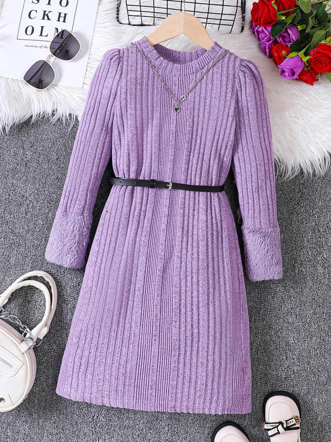 Children's Ribbed Knit Long Sleeve Dress - cas7m