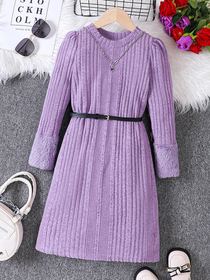 Children's Ribbed Knit Long Sleeve Dress - cas7m