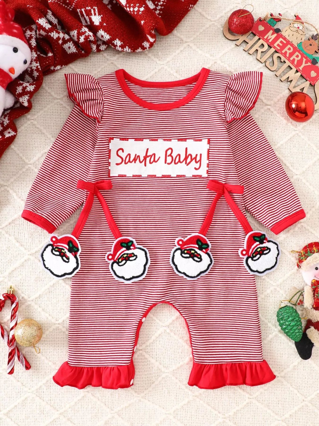 Children's Christmas-Themed Striped Snapped Legs Jumpsuit - cas7m