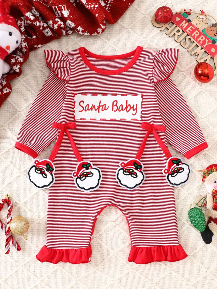 Children's Christmas-Themed Striped Snapped Legs Jumpsuit - cas7m