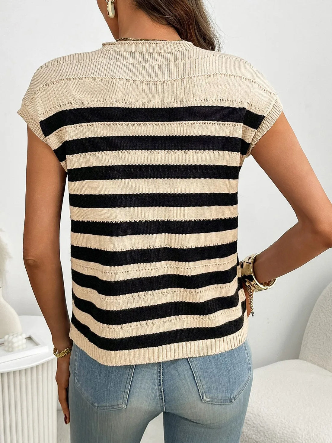 Striped Mock Neck Cap Sleeve Knit Top - cas7m