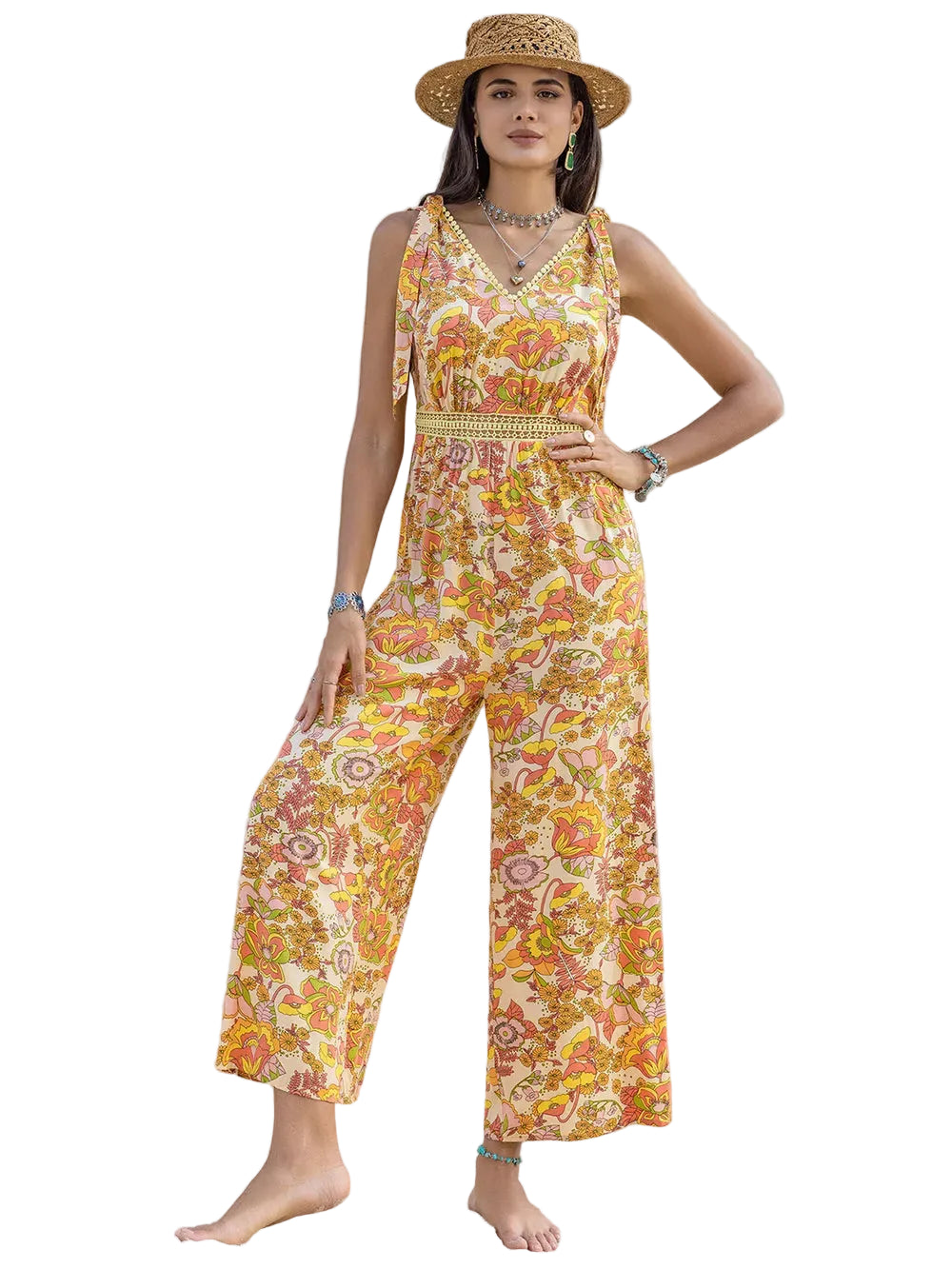 Printed V-Neck Tie Shoulder Jumpsuit - cas7m