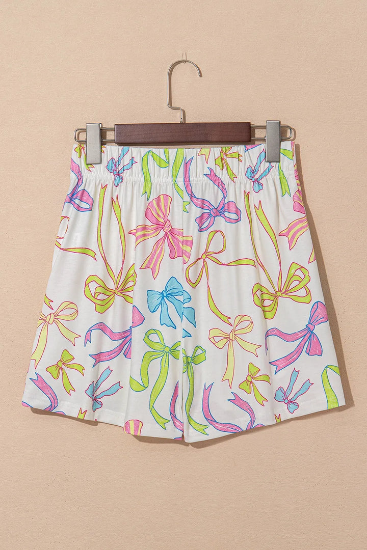 Cheerful Bow Print Elastic Pull On Casual Shorts - cas7m