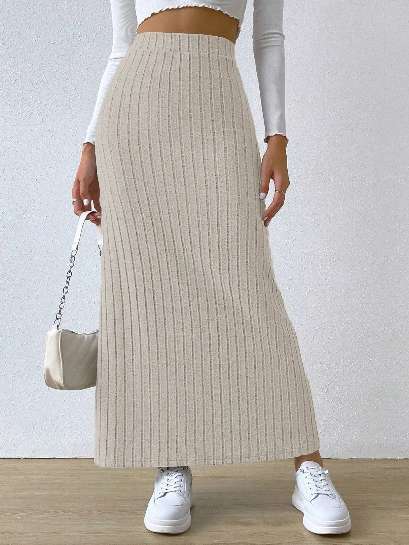 High Waist Ribbed Knit Maxi Skirt - cas7m
