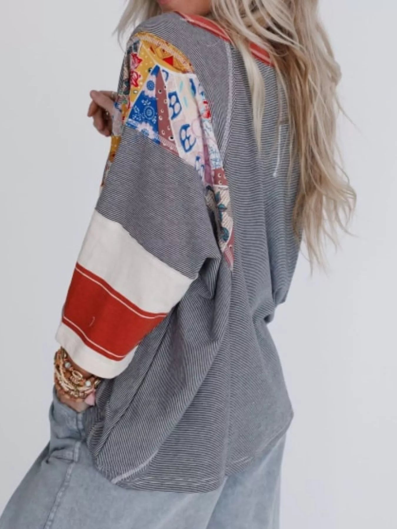 Striped Floral Long Sleeve T-Shirt - cas7m