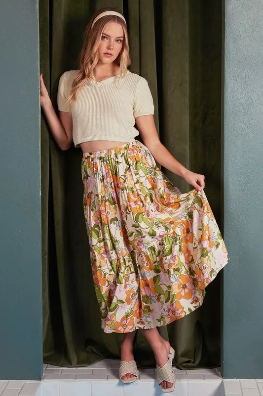 Mittoshop Flower Print Elastic Waist Tiered Skirt - cas7m