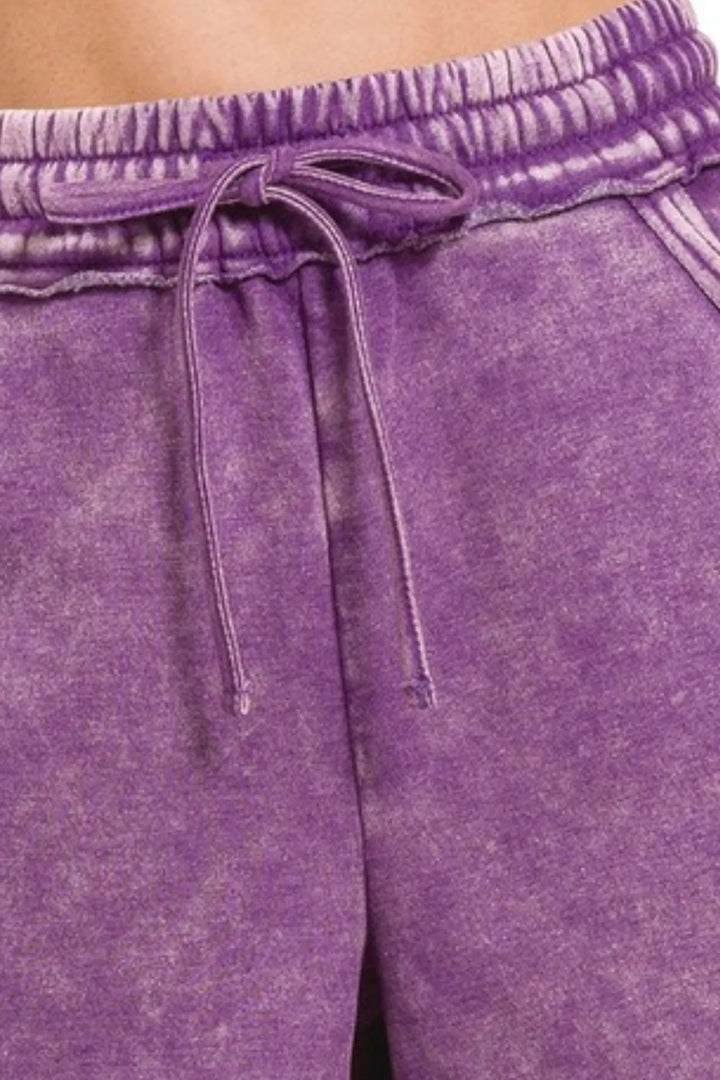 Zenana Acid Wash Fleece Drawstring Shorts With Pockets - cas7m