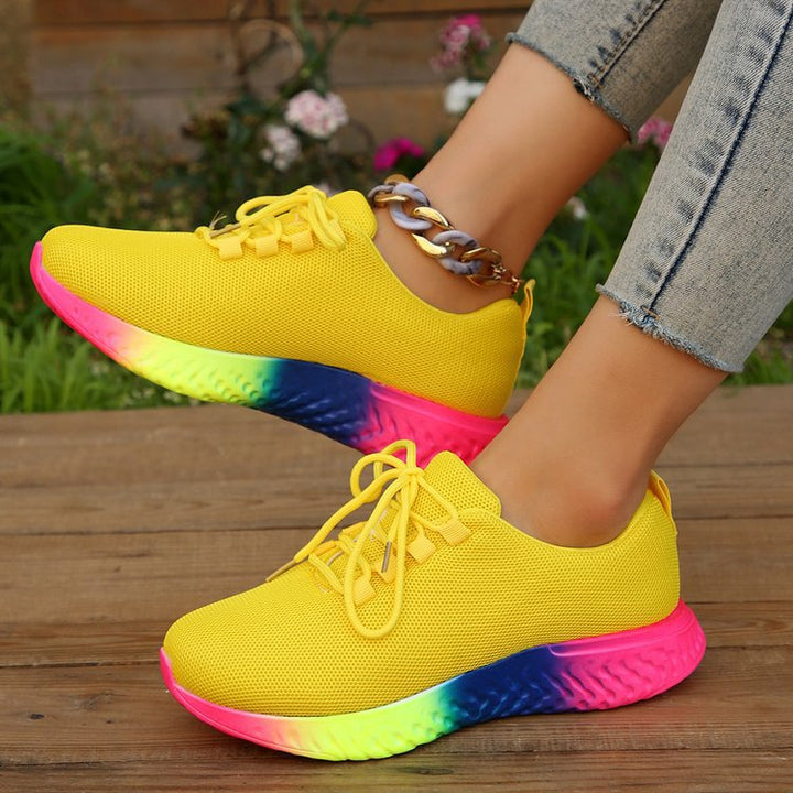 Lace-up Mesh Shoes With Rainbow Sole Design Fashion Walking Running Sports Shoes Sneakers For Women - cas7m