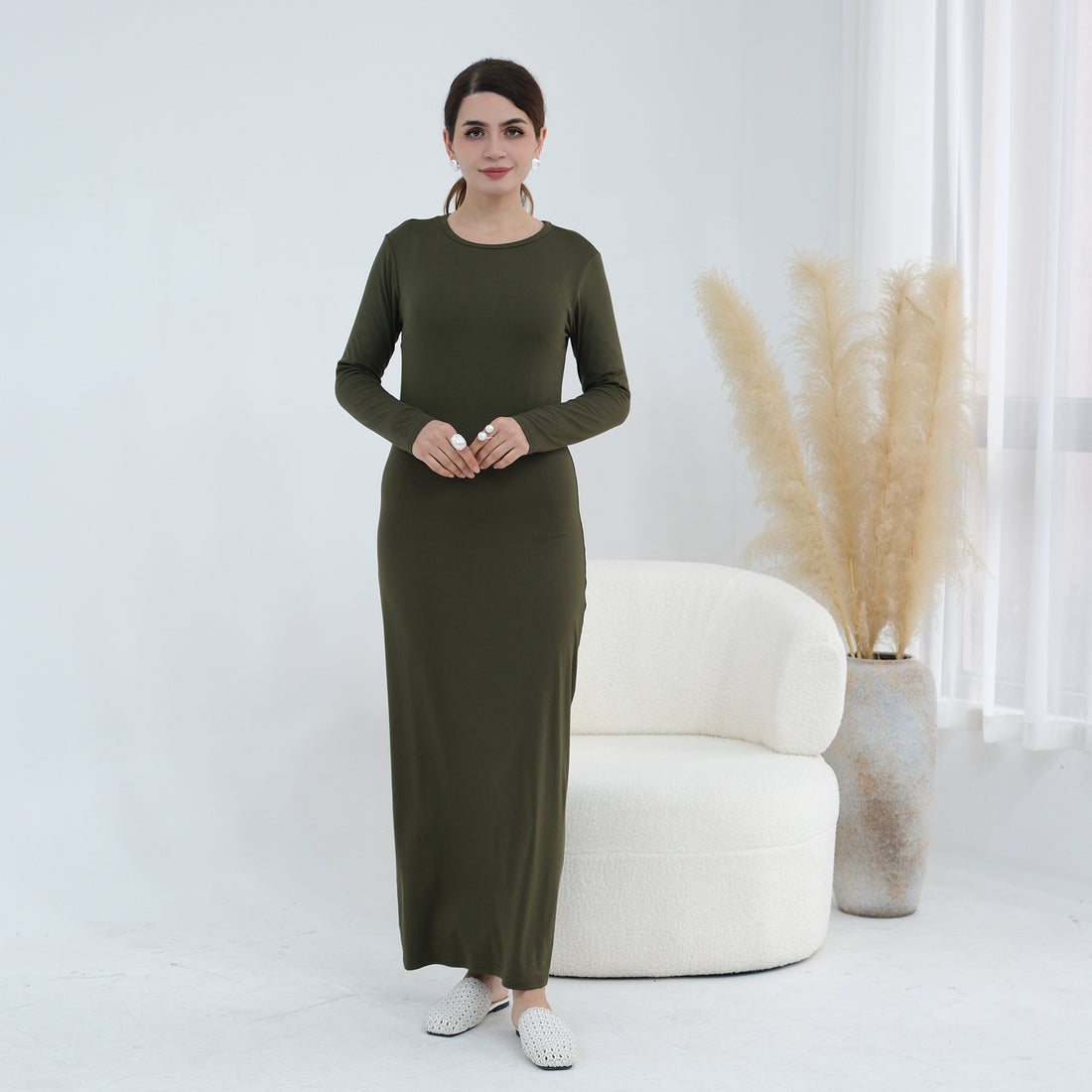 Plus-size Stretchy Long-sleeve Slip Dress - cas7m