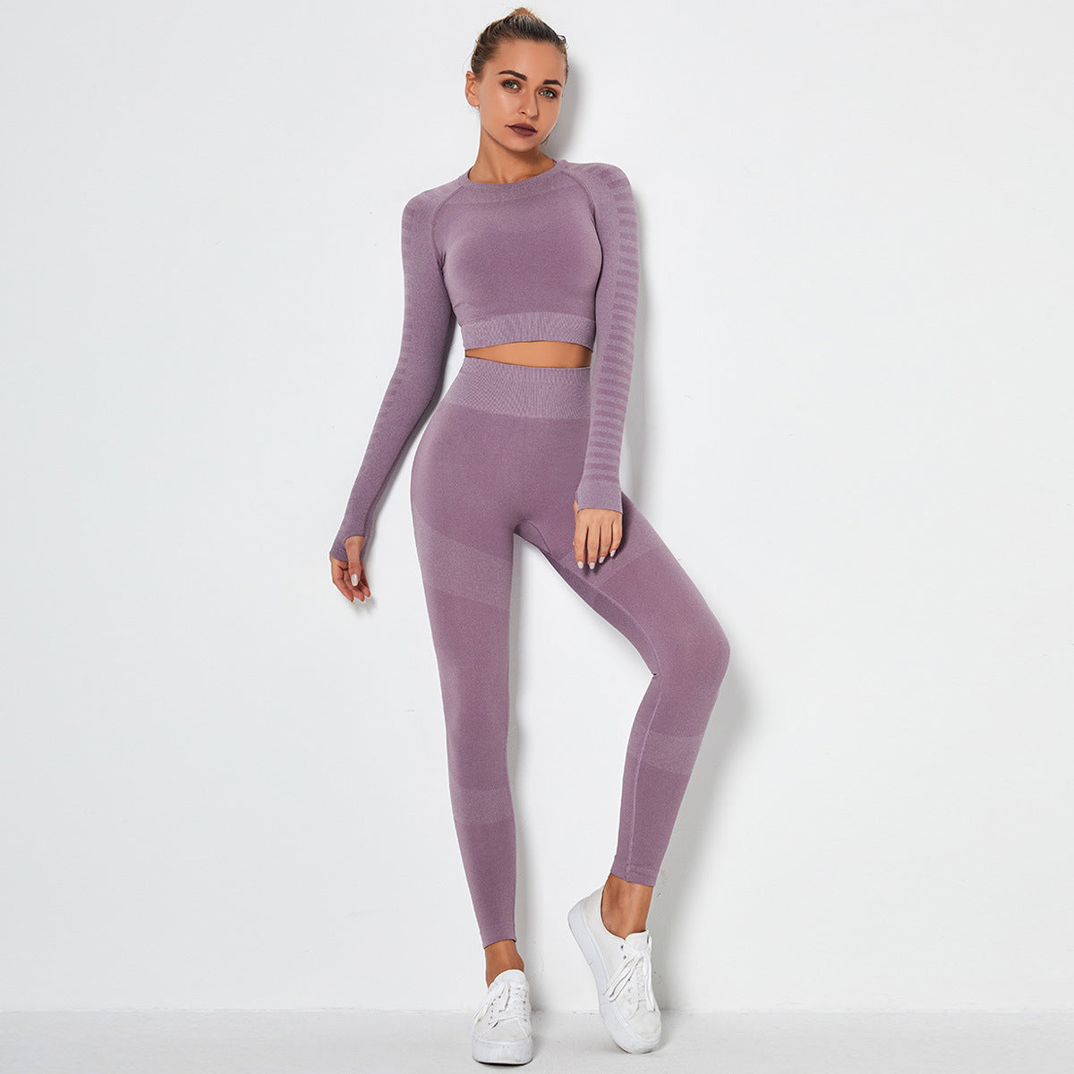 Seamless High-Stretch Yoga Set with Long Sleeve Top - cas7m