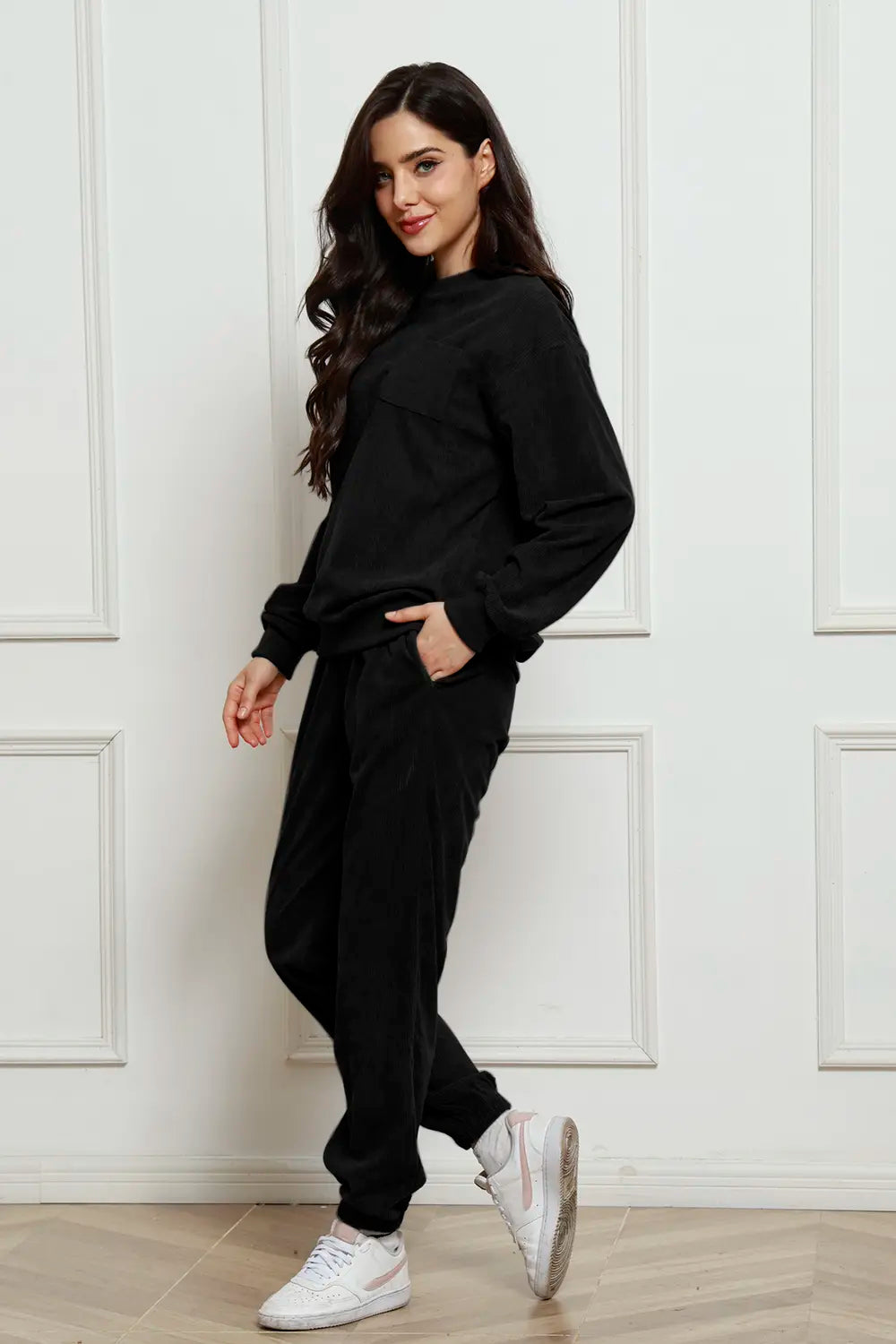Corduroy Round Neck Sweatshirt and Sweatpants Set - cas7m