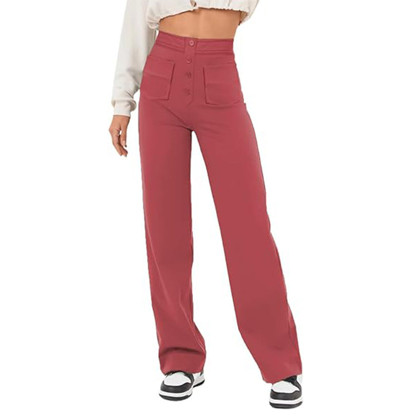 High Waist Trousers With Pockets Casual Loose Wide Leg Button Straight Pants Women's Clothing - cas7m