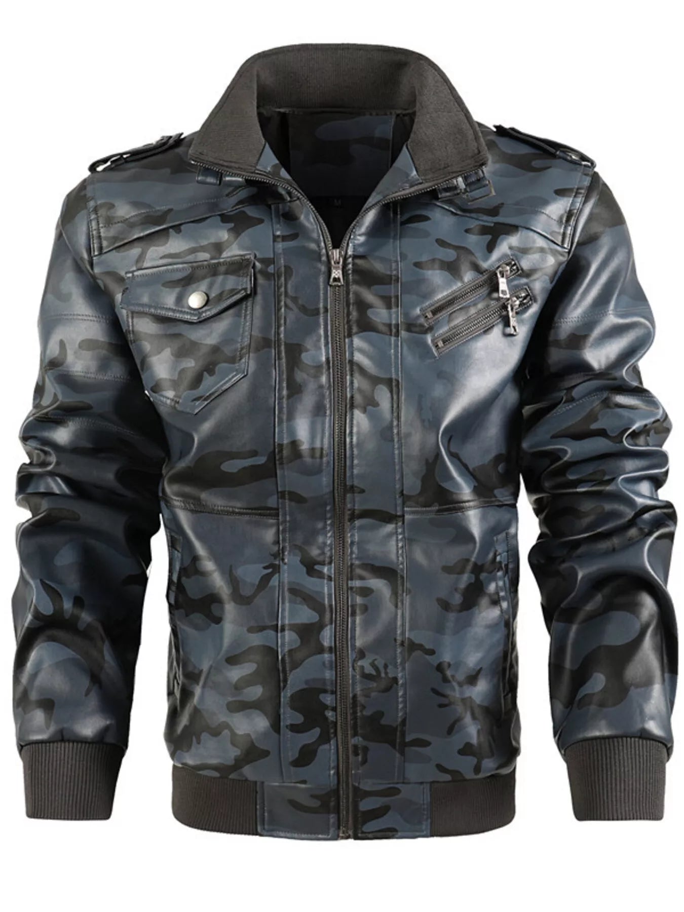 Men's Full Size Zip Up Camouflage Faux Leather Jacket Plus Size - cas7m