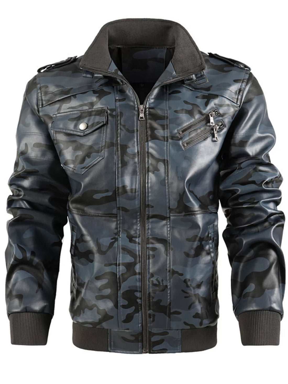 Men's Full Size Zip Up Camouflage Faux Leather Jacket Plus Size - cas7m