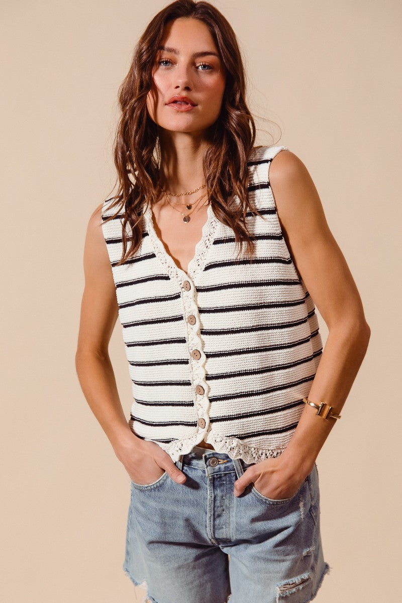 SO ME Buttoned Front Stripe Texture Knitted Sweater Vest - cas7m