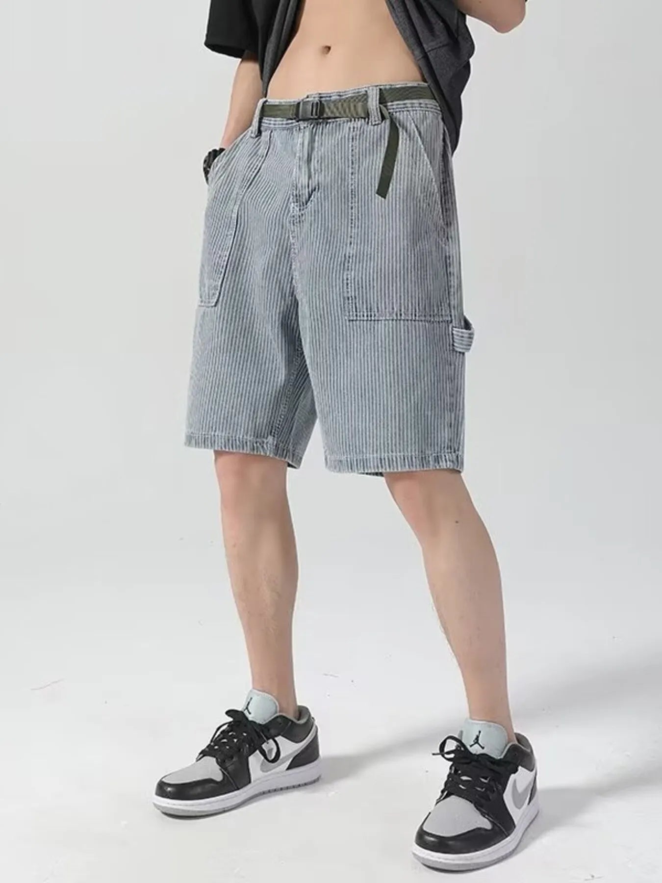 Men's Plus Size Striped Loose Fit Denim Shorts - cas7m