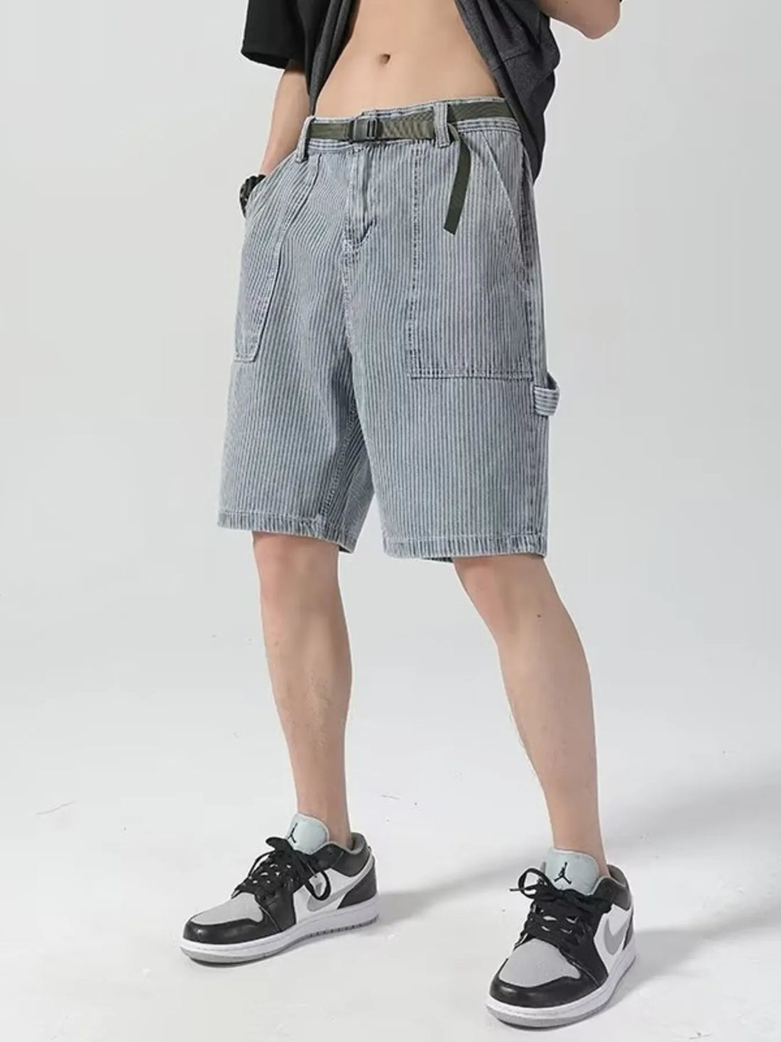 Men's Plus Size Striped Loose Fit Denim Shorts - cas7m
