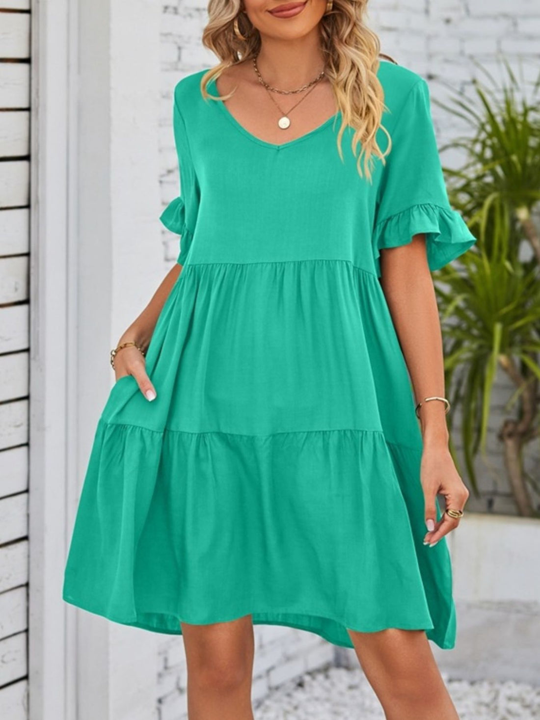 Ruffled Sleeve Tiered Mini Dress - cas7m