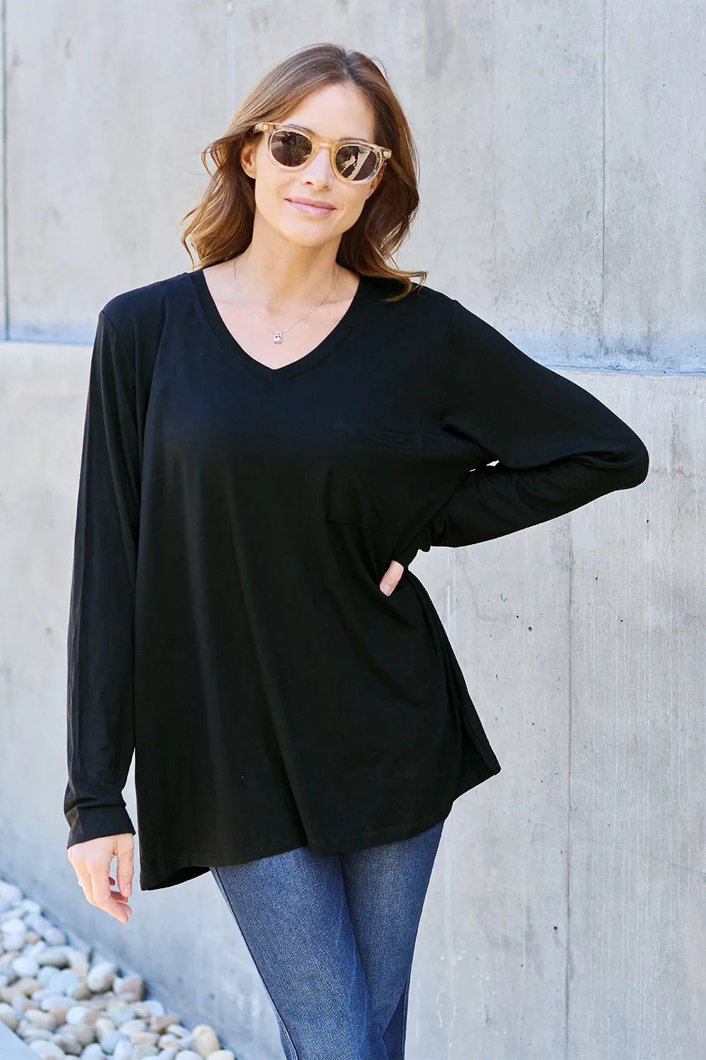 Basic Bae Full Size V-Neck Long Sleeve Top - cas7m