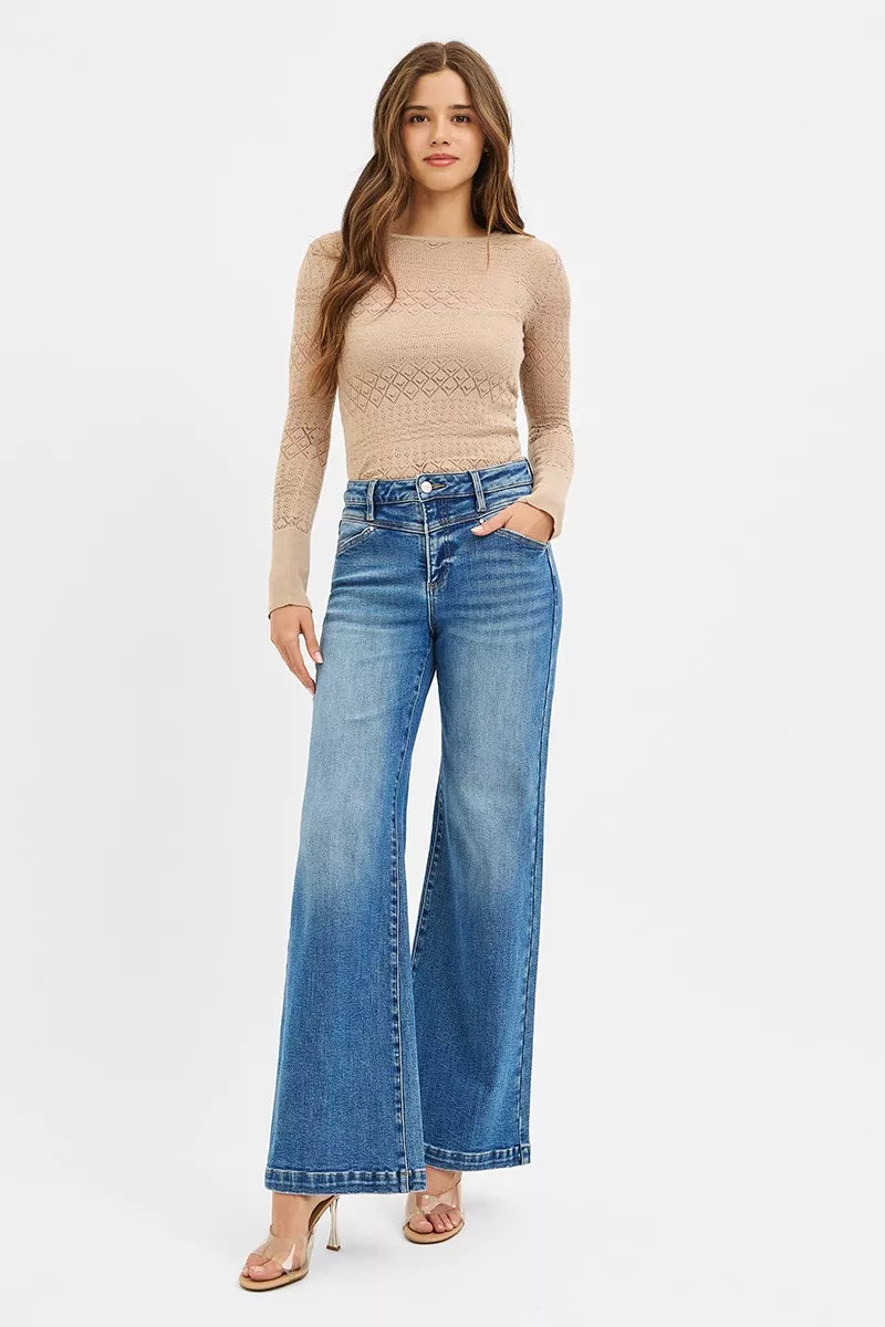 RISEN High Rise Wide Leg Jenas with Front Yoke and Heart Back Pocket - cas7m