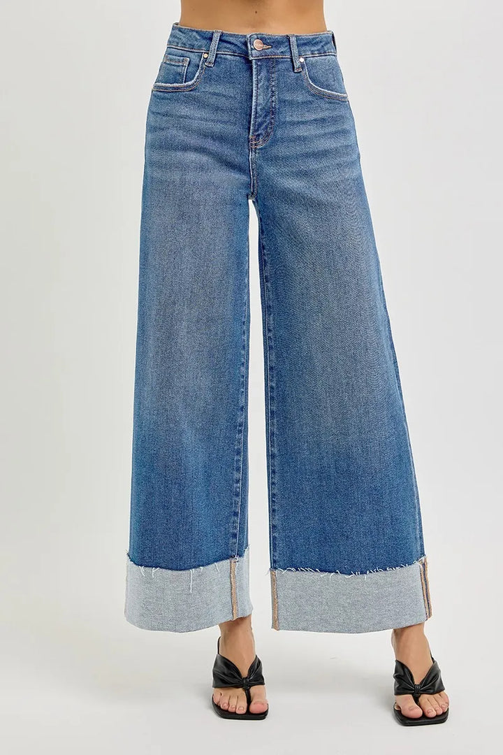 RISEN Full Size Tummy Control High Rise Crop Wide Cuffed Jeans Plus Size - cas7m