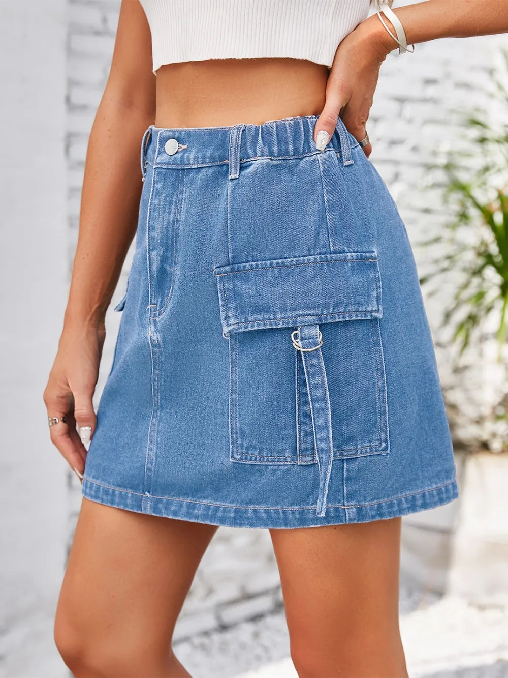 Pocketed Buttoned Denim Skirt - cas7m