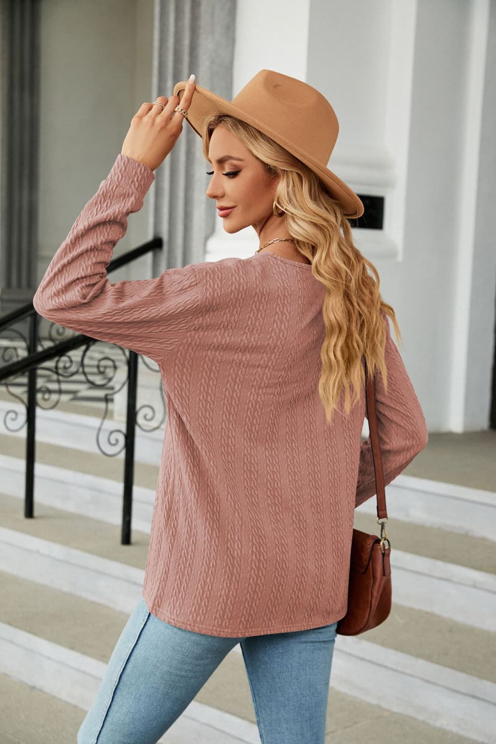Decorative Button V-Neck Long Sleeve T-Shirt - cas7m