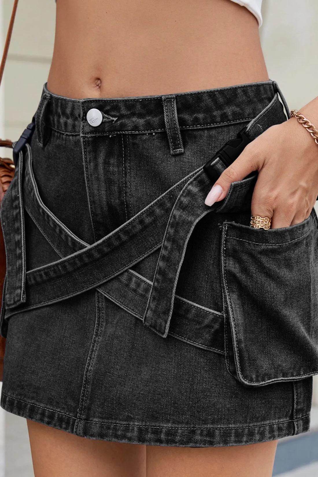 Criss-Cross Waist Detail Denim Mini Skirt - cas7m