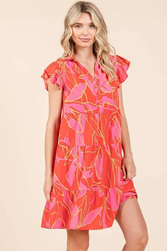 Mittoshop Leaf Print Ruffle Sleeve Tiered Mini Dress - cas7m