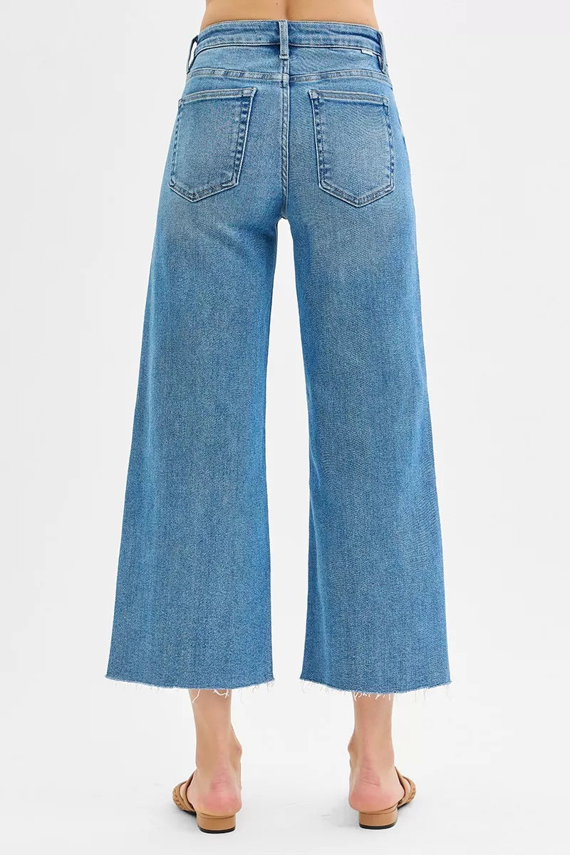 RISEN Tummy Control Mid Rise Crop Wide Front Slit Jeans - cas7m