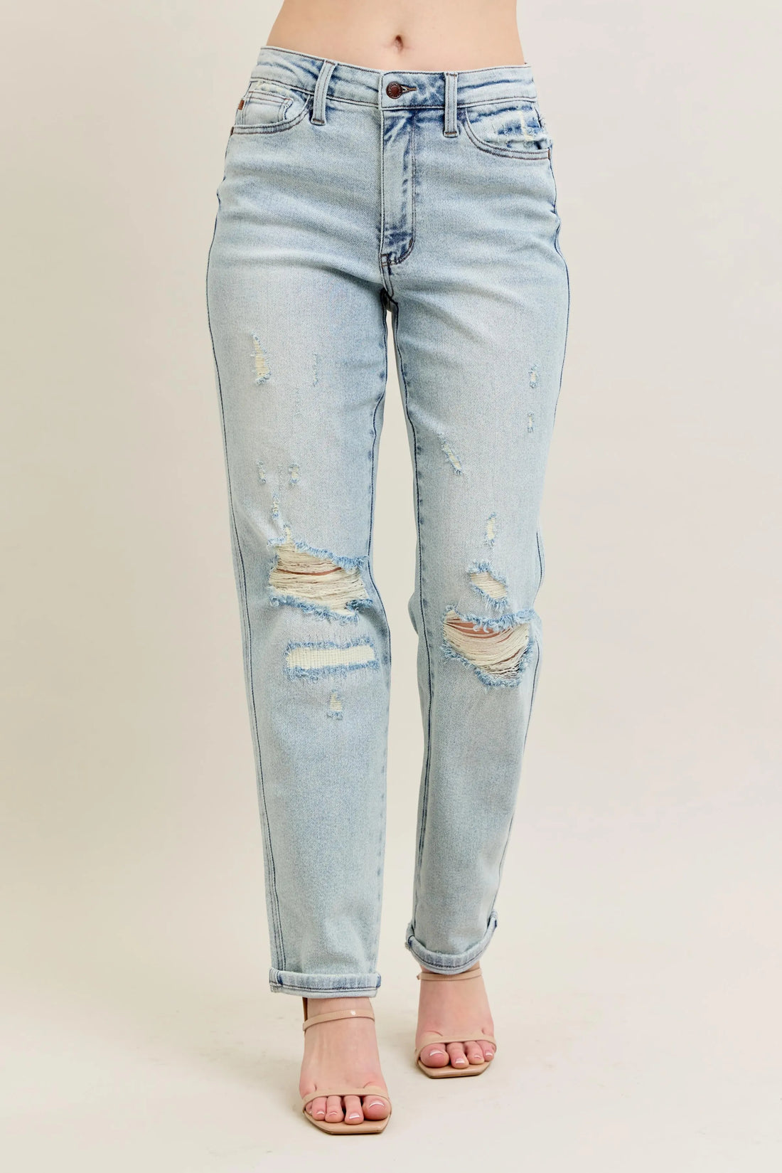 Judy Blue Full Size Mr Repair Stitch Detail Destroy Single Cuff Bf Jeans Plus Size - cas7m