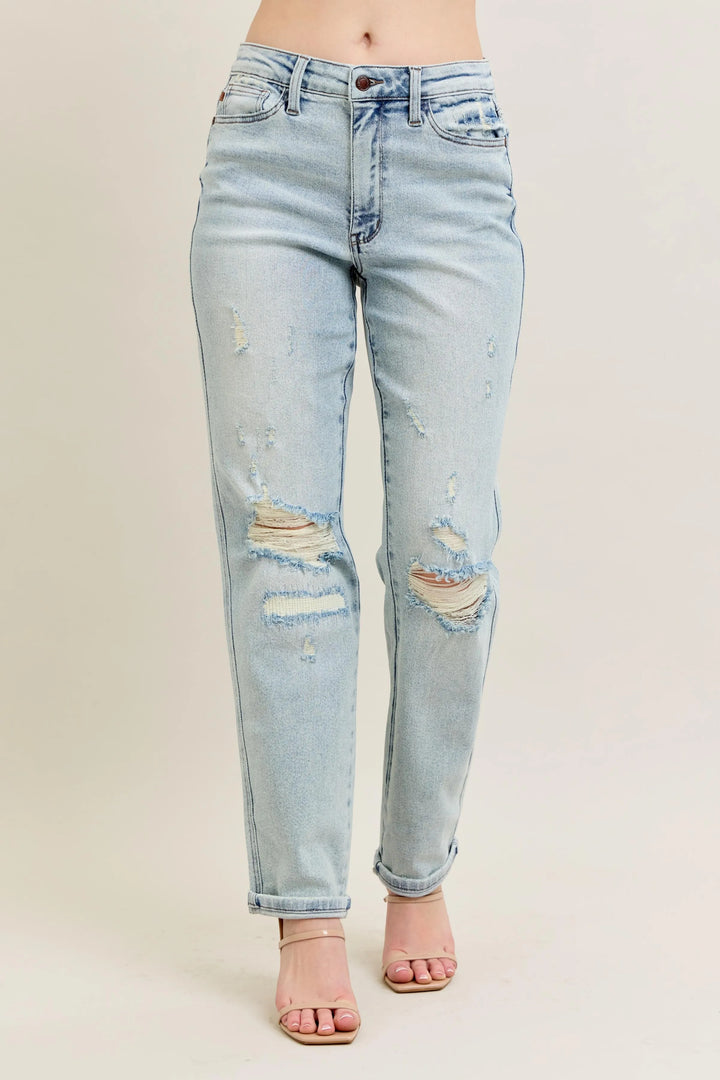 Judy Blue Full Size Mr Repair Stitch Detail Destroy Single Cuff Bf Jeans Plus Size - cas7m
