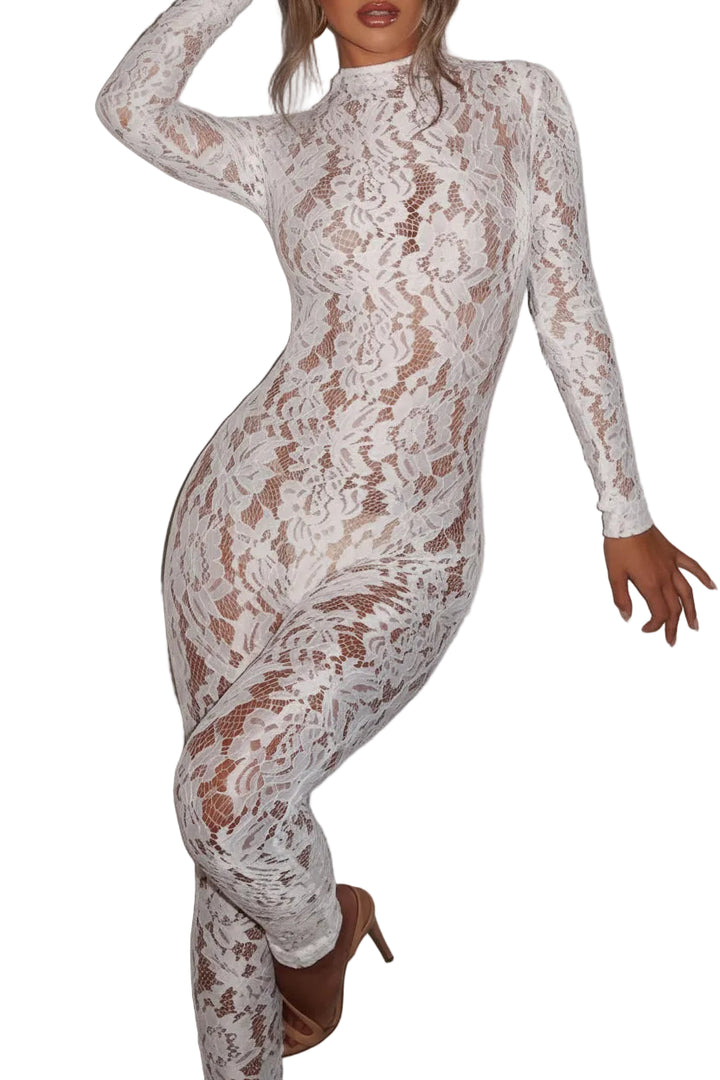 Lace Mock Neck Long Sleeve Jumpsuit - cas7m