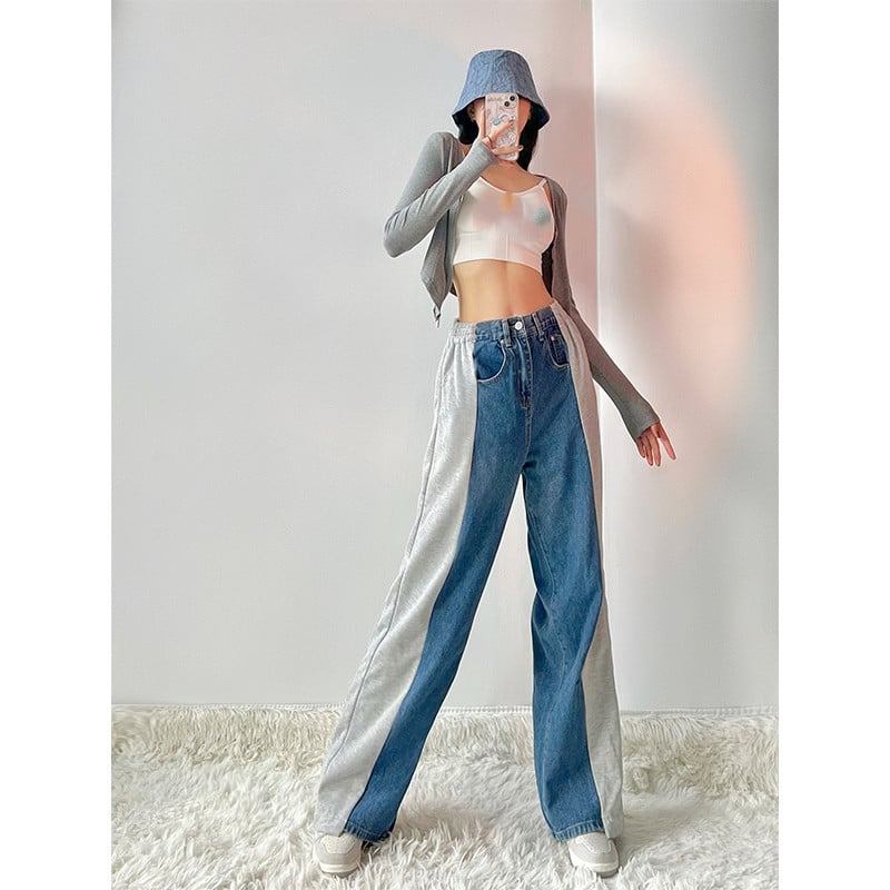 Contrast Stitch Wide Leg High Waist Women's Jeans
